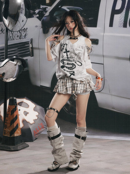 Off-Shoulder Plaid Patchwork Short-Sleeved T-Shirt【s0000017054】