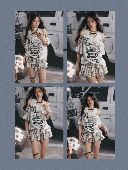 Off-Shoulder Plaid Patchwork Short-Sleeved T-Shirt【s0000017054】