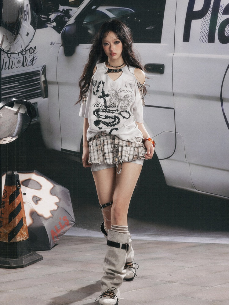 Off-Shoulder Plaid Patchwork Short-Sleeved T-Shirt【s0000017054】