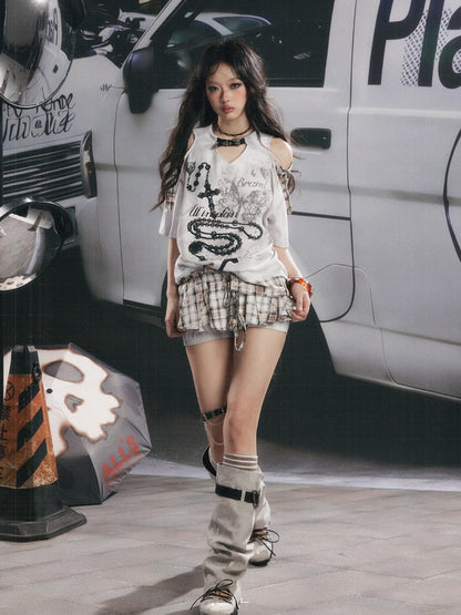 Off-Shoulder Plaid Patchwork Short-Sleeved T-Shirt【s0000017054】