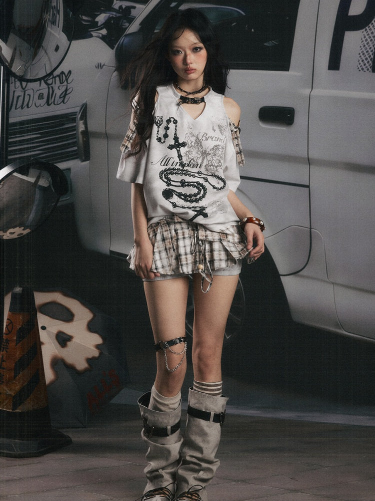 Off-Shoulder Plaid Patchwork Short-Sleeved T-Shirt【s0000017054】