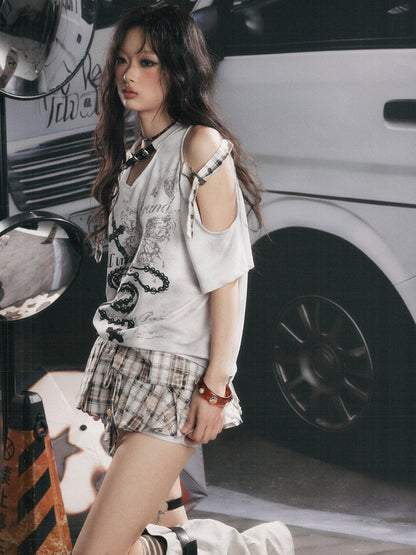Off-Shoulder Plaid Patchwork Short-Sleeved T-Shirt【s0000017054】