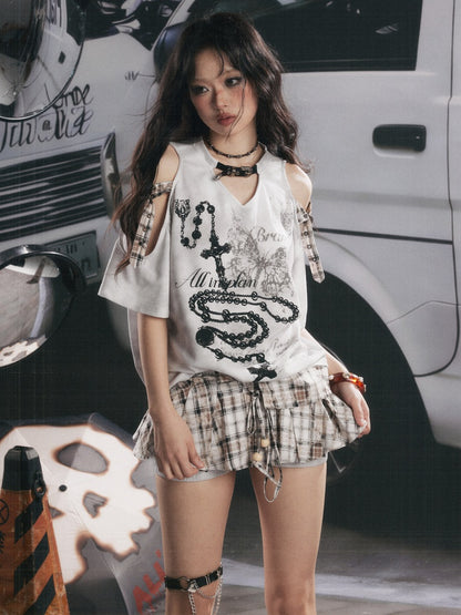 Off-Shoulder Plaid Patchwork Short-Sleeved T-Shirt【s0000017054】