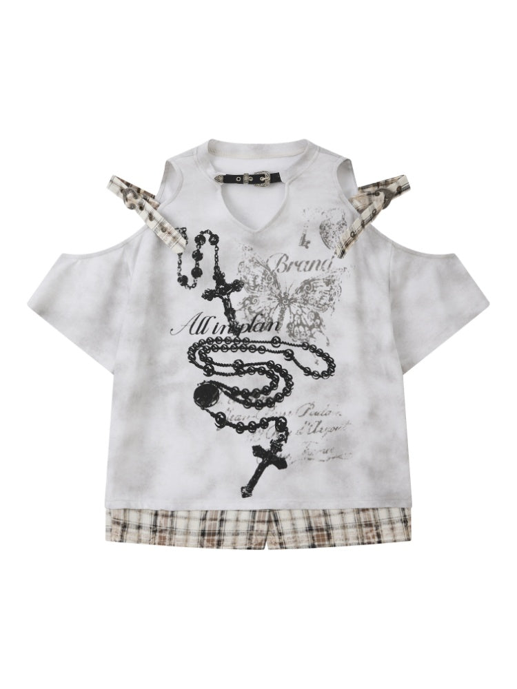 Off-Shoulder Plaid Patchwork Short-Sleeved T-Shirt【s0000017054】
