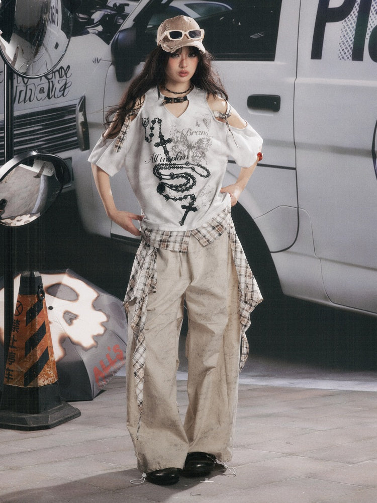 Off-Shoulder Plaid Patchwork Short-Sleeved T-Shirt【s0000017054】