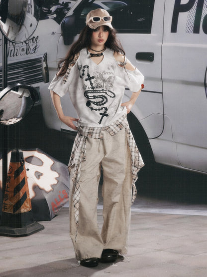 Off-Shoulder Plaid Patchwork Short-Sleeved T-Shirt【s0000017054】