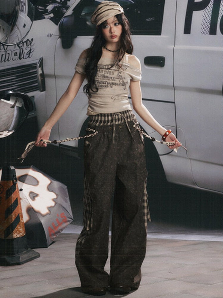 Off-Shoulder Faux Layered Halter Cowl Neck Graphic Tops【s0000017055】
