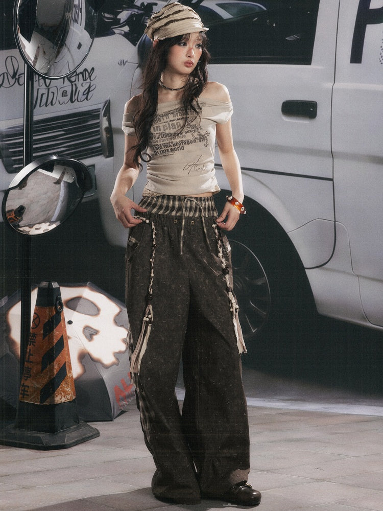 Off-Shoulder Faux Layered Halter Cowl Neck Graphic Tops【s0000017055】