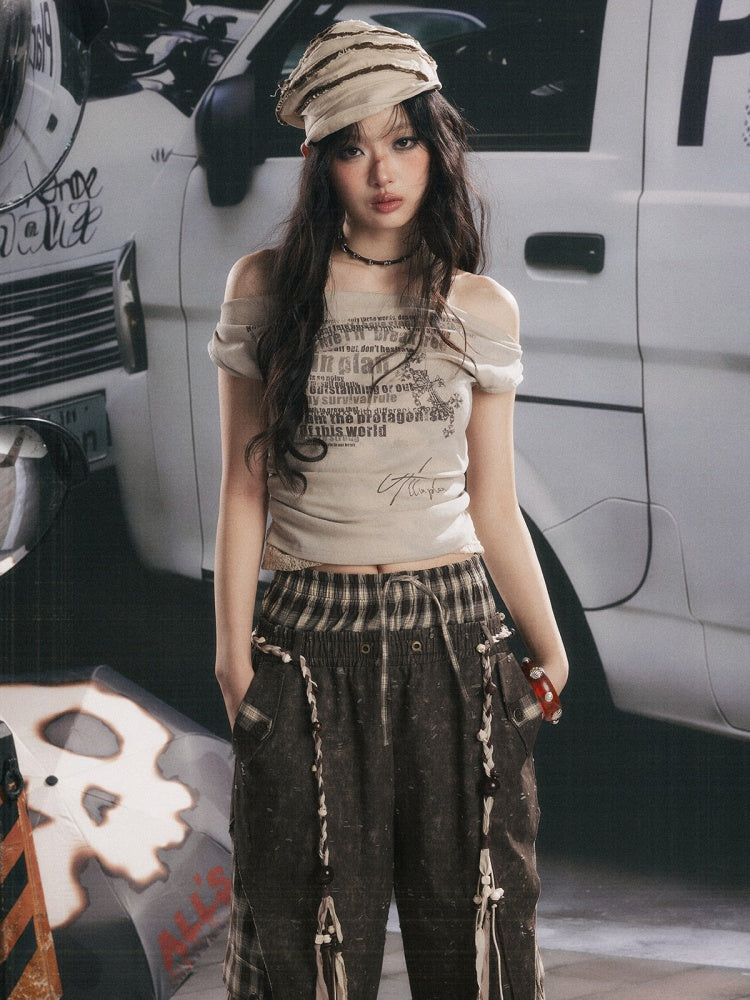 Off-Shoulder Faux Layered Halter Cowl Neck Graphic Tops【s0000017055】