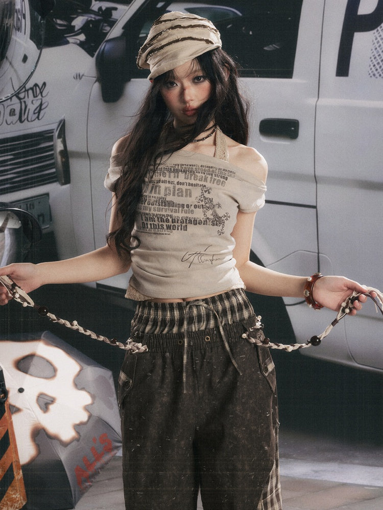 Off-Shoulder Faux Layered Halter Cowl Neck Graphic Tops【s0000017055】