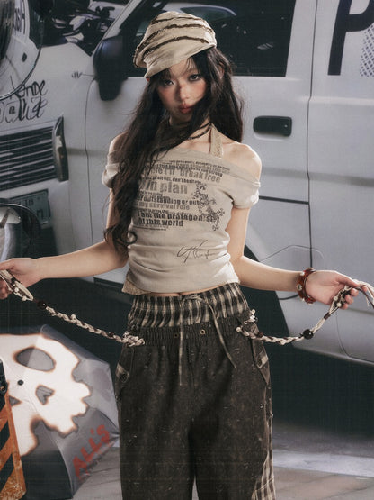 Off-Shoulder Faux Layered Halter Cowl Neck Graphic Tops【s0000017055】