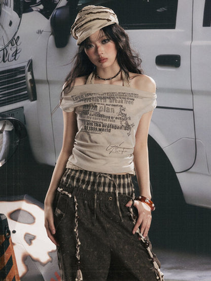 Off-Shoulder Faux Layered Halter Cowl Neck Graphic Tops【s0000017055】