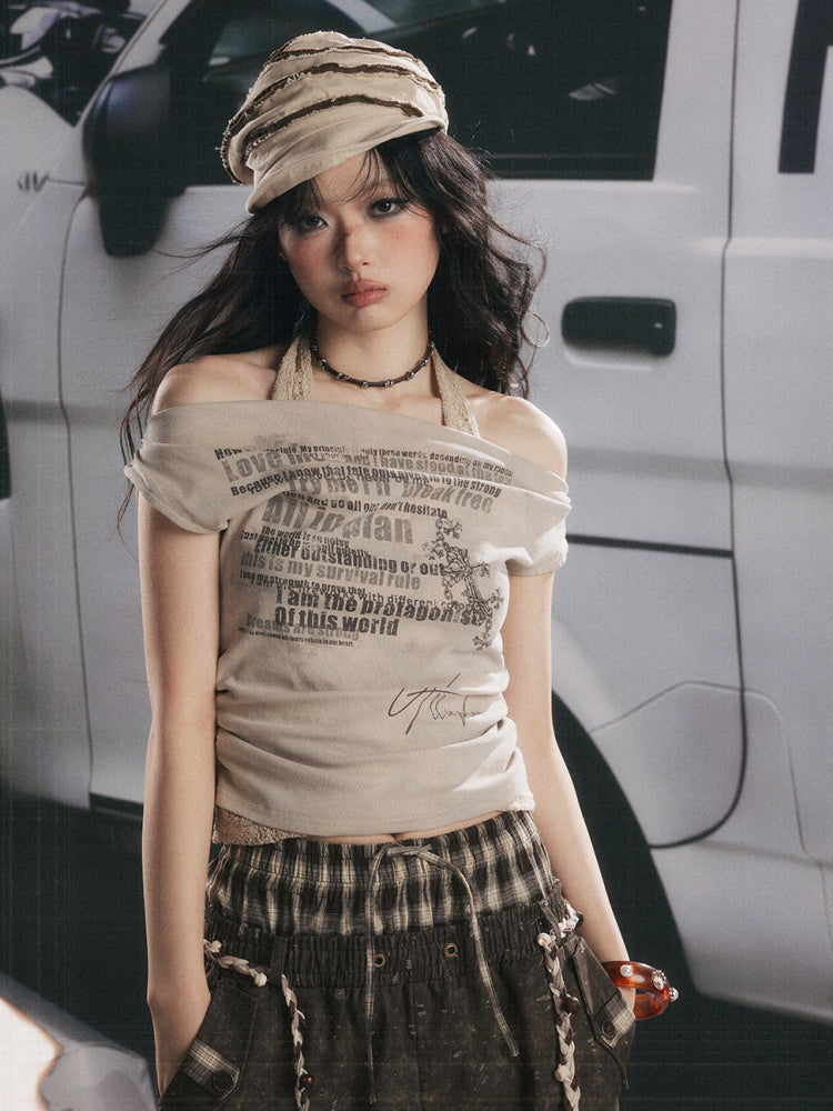 Off-Shoulder Faux Layered Halter Cowl Neck Graphic Tops【s0000017055】