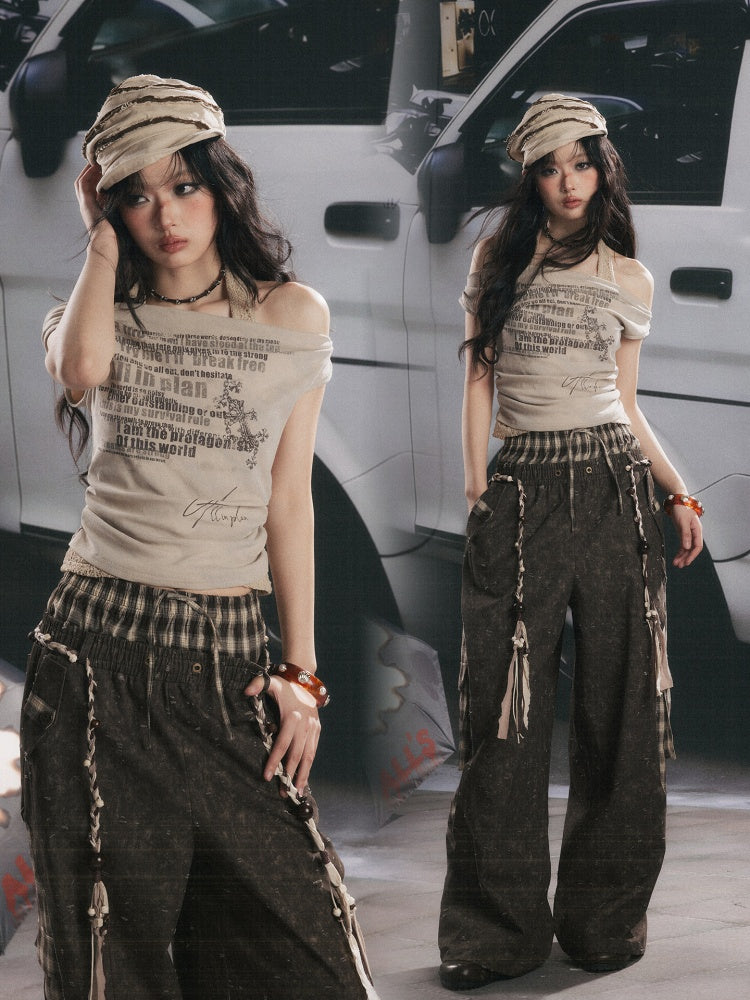 Off-Shoulder Faux Layered Halter Cowl Neck Graphic Tops【s0000017055】