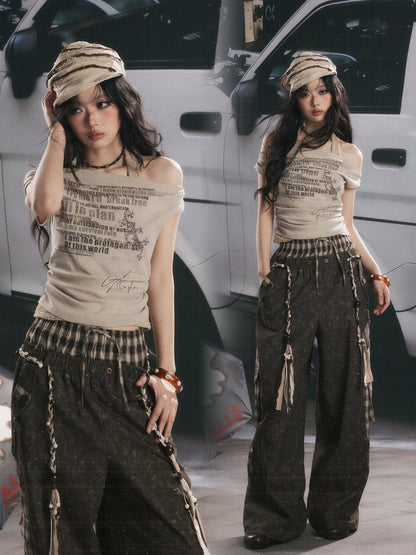 Off-Shoulder Faux Layered Halter Cowl Neck Graphic Tops【s0000017055】