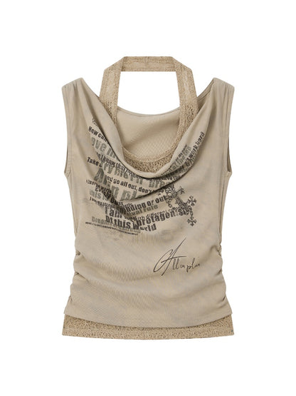 Off-Shoulder Faux Layered Halter Cowl Neck Graphic Tops【s0000017055】