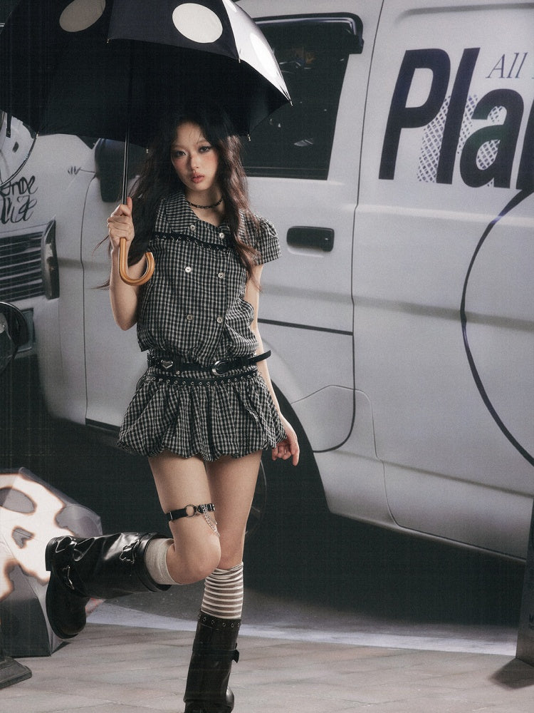 Plaid Double Breasted Lapel Short Sleeve Shirt【s0000017056】