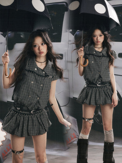 Plaid Double Breasted Lapel Short Sleeve Shirt【s0000017056】