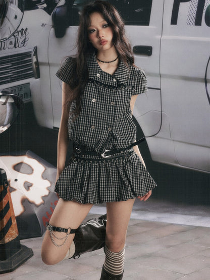 Plaid Double Breasted Lapel Short Sleeve Shirt【s0000017056】