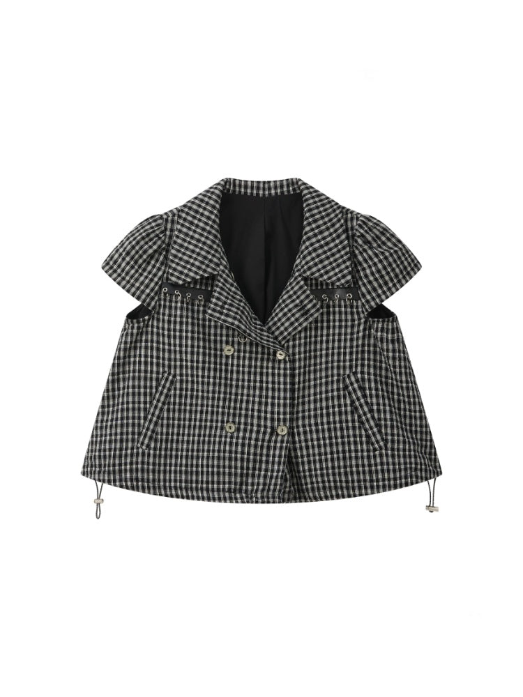 Plaid Double Breasted Lapel Short Sleeve Shirt【s0000017056】