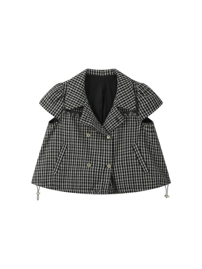 Plaid Double Breasted Lapel Short Sleeve Shirt【s0000017056】