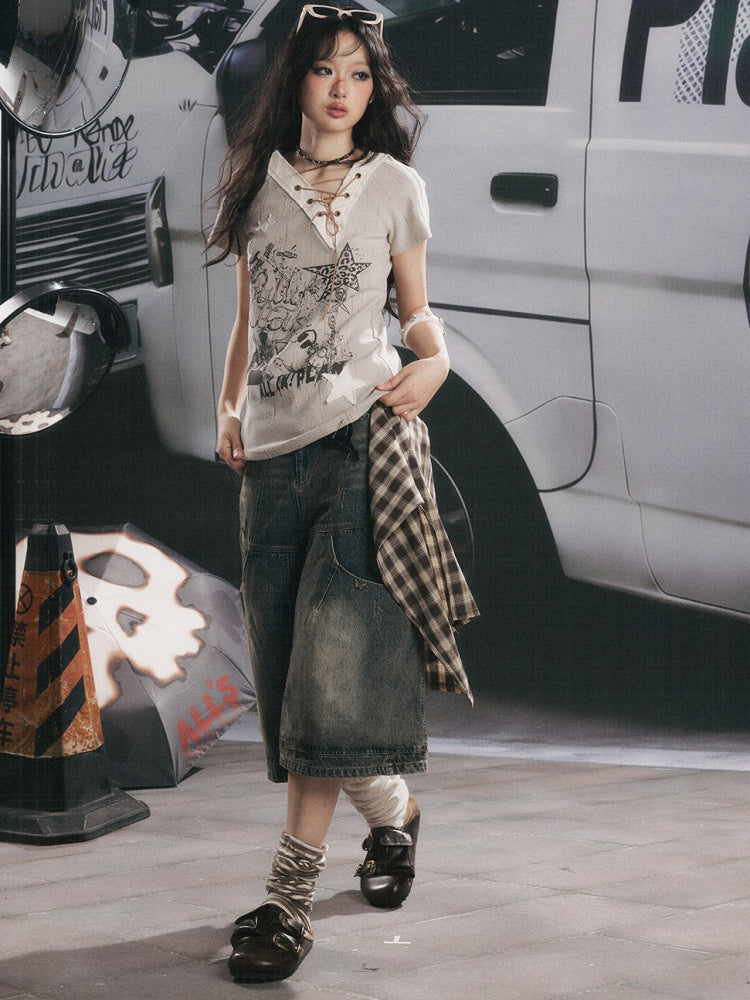 Detachable Butt Curtain Denim Cropped Pants【s0000017057】