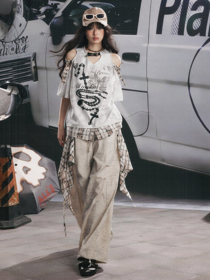 Detachable Plaid Butt Curtain Straight Pants【s0000017058】
