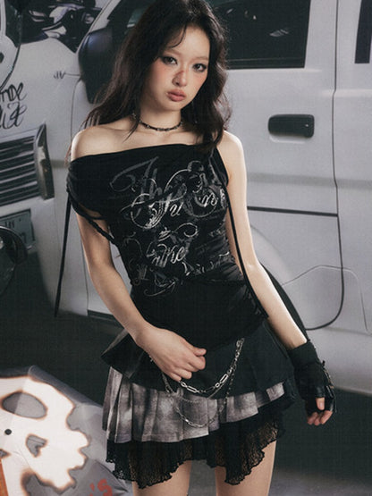 Swing Collar Squint Letter Print Sleeveless Tops【s0000017060】