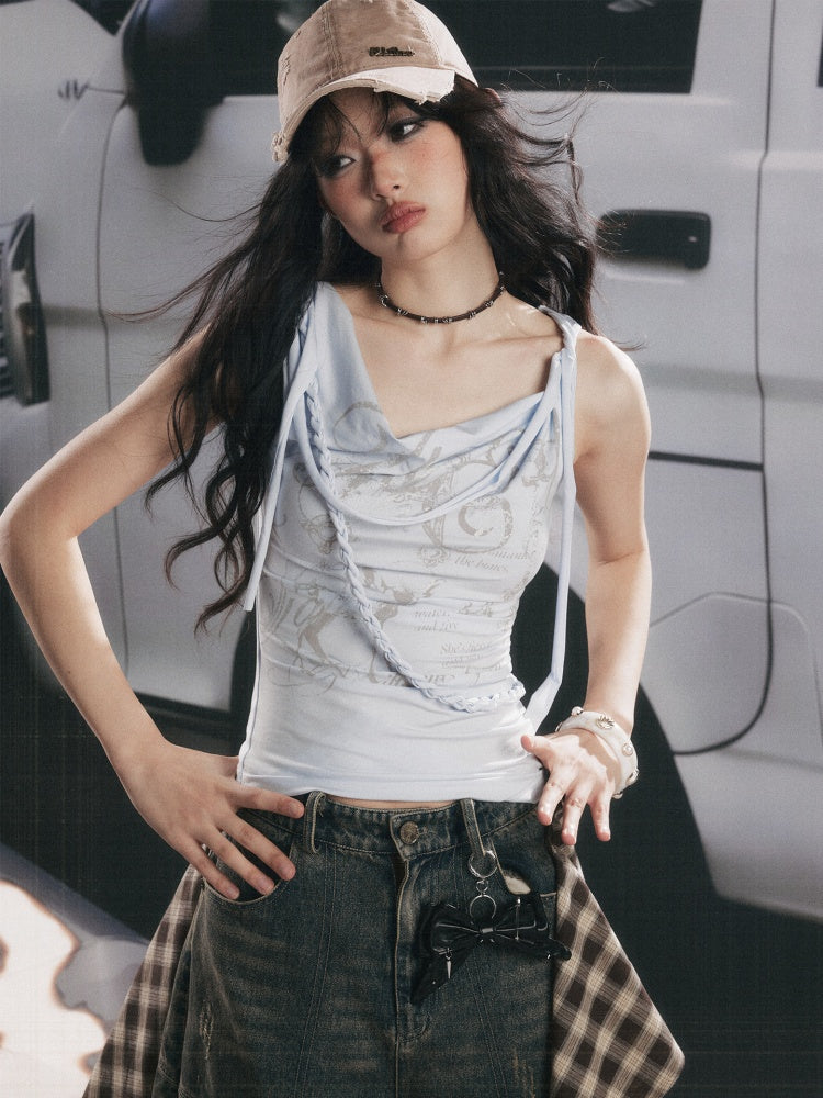 Swing Collar Squint Letter Print Sleeveless Tops【s0000017060】