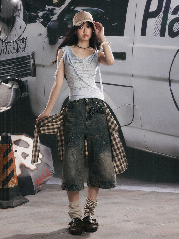 Swing Collar Squint Letter Print Sleeveless Tops【s0000017060】