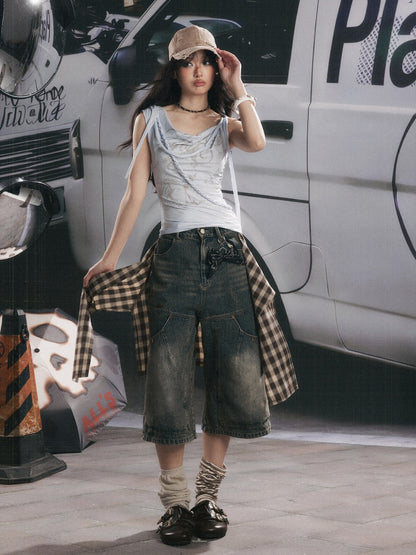 Swing Collar Squint Letter Print Sleeveless Tops【s0000017060】