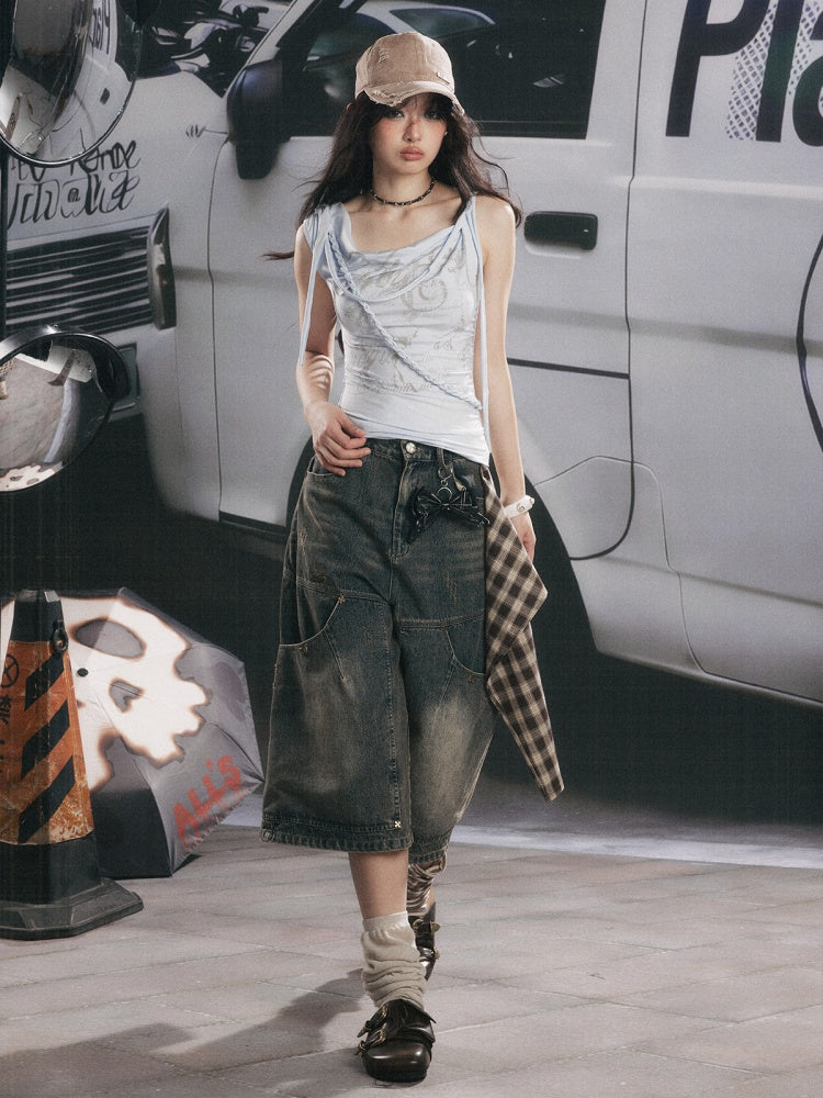 Swing Collar Squint Letter Print Sleeveless Tops【s0000017060】