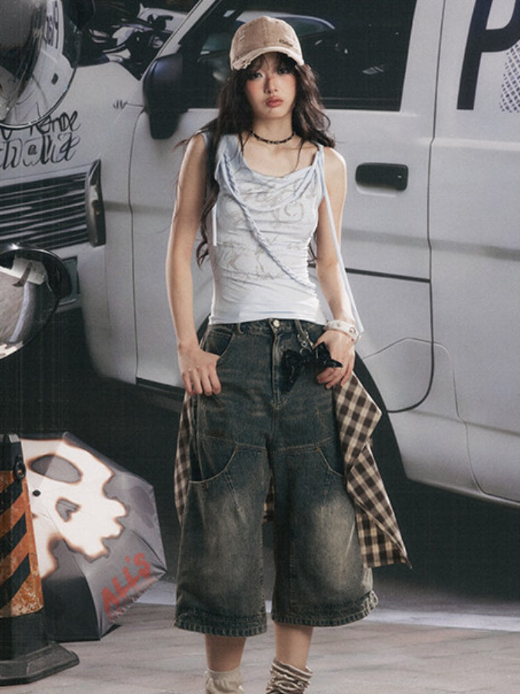 Swing Collar Squint Letter Print Sleeveless Tops【s0000017060】