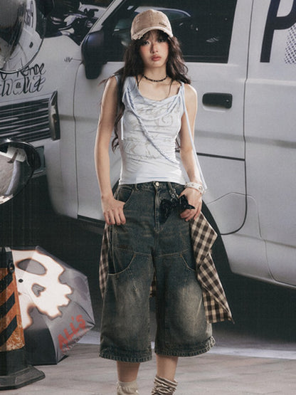 Swing Collar Squint Letter Print Sleeveless Tops【s0000017060】