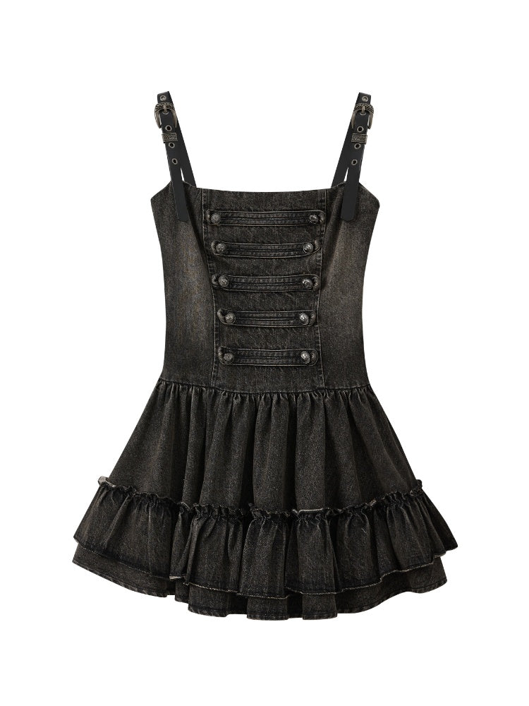 Denim Leather Shoulder Strap A-Line Dress【s0000017062】