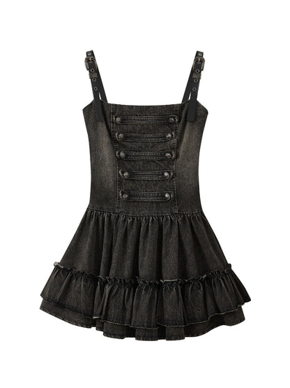 Denim Leather Shoulder Strap A-Line Dress【s0000017062】