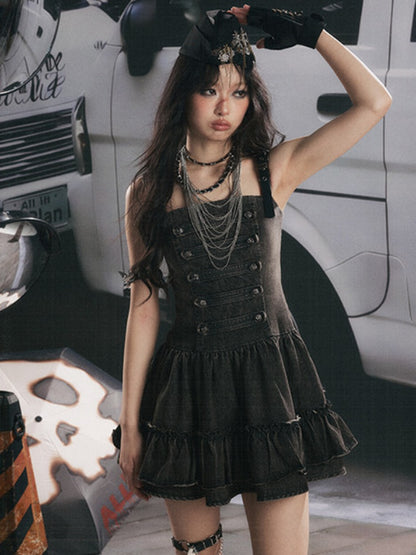 Denim Leather Shoulder Strap A-Line Dress【s0000017062】