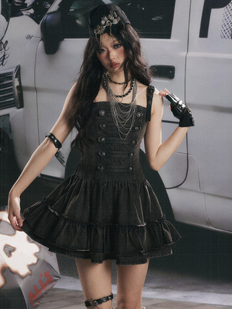 Denim Leather Shoulder Strap A-Line Dress【s0000017062】