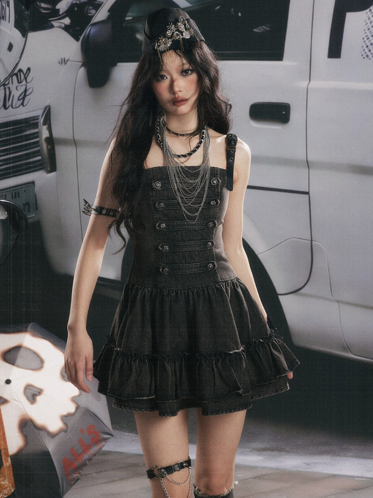 Denim Leather Shoulder Strap A-Line Dress【s0000017062】