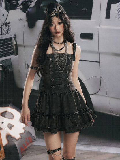 Denim Leather Shoulder Strap A-Line Dress【s0000017062】