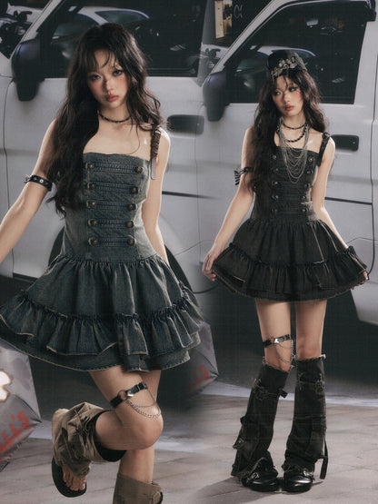 Denim Leather Shoulder Strap A-Line Dress【s0000017062】