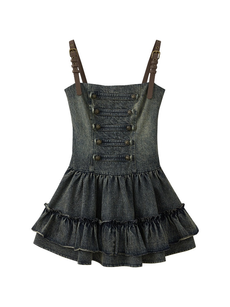 Denim Leather Shoulder Strap A-Line Dress【s0000017062】