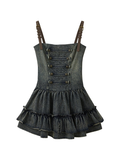 Denim Leather Shoulder Strap A-Line Dress【s0000017062】