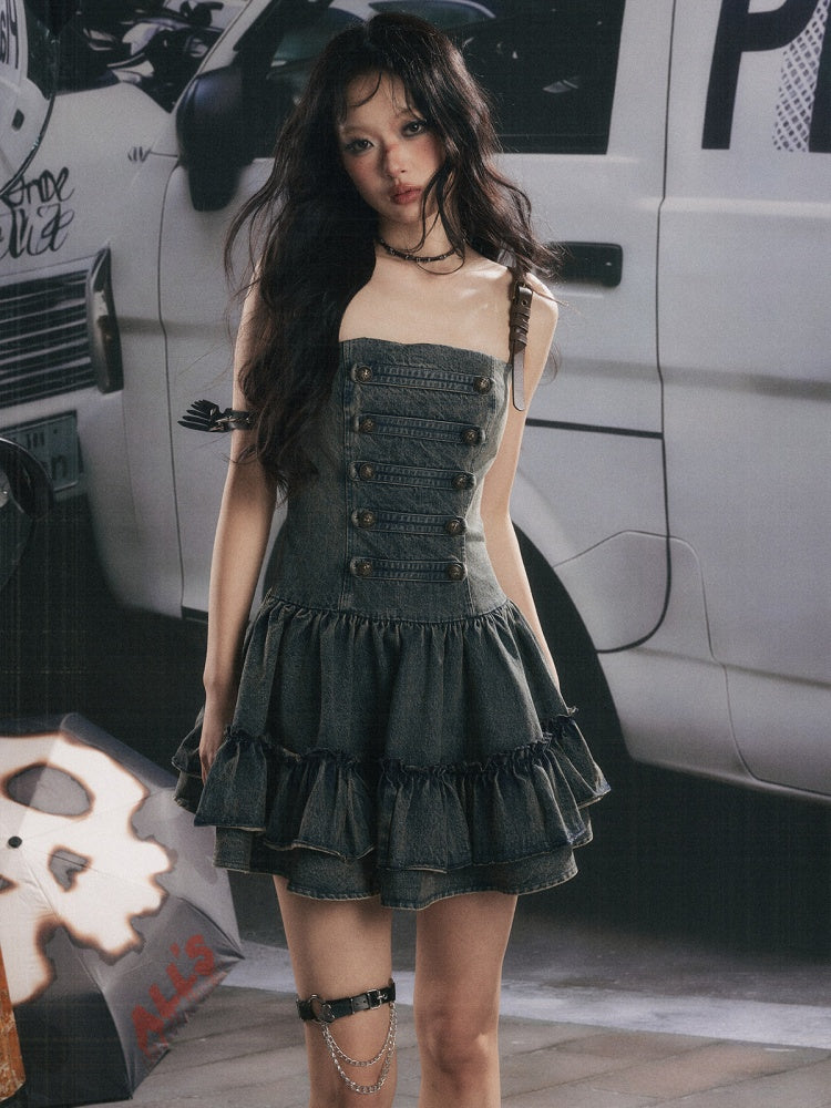 Denim Leather Shoulder Strap A-Line Dress【s0000017062】