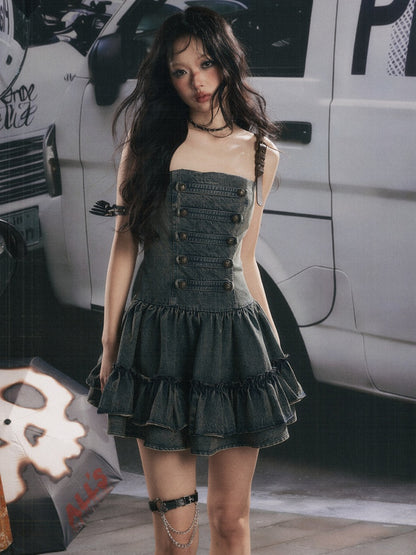 Denim Leather Shoulder Strap A-Line Dress【s0000017062】