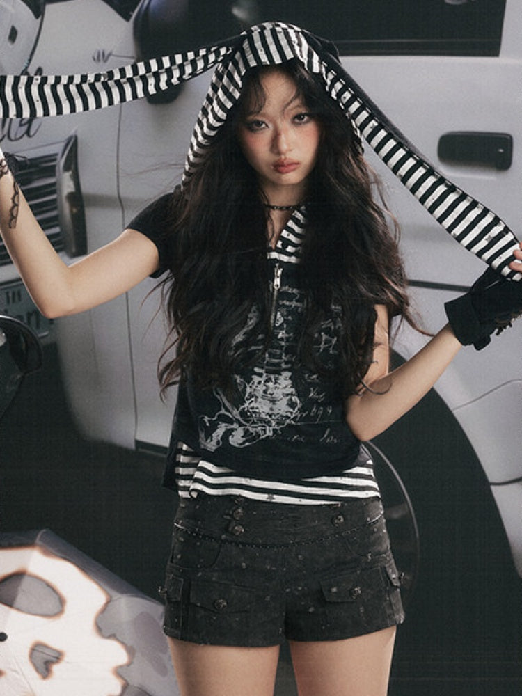 Stripe Patchwork Faux Layered Hooded T-Shirt【s0000017063】