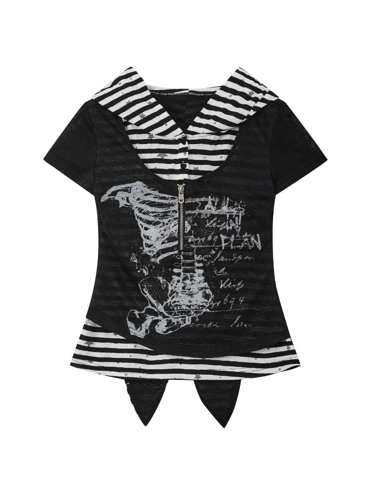 Stripe Patchwork Faux Layered Hooded T-Shirt【s0000017063】