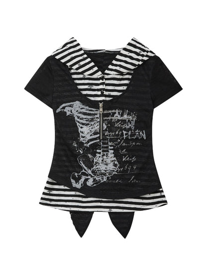 Stripe Patchwork Faux Layered Hooded T-Shirt【s0000017063】