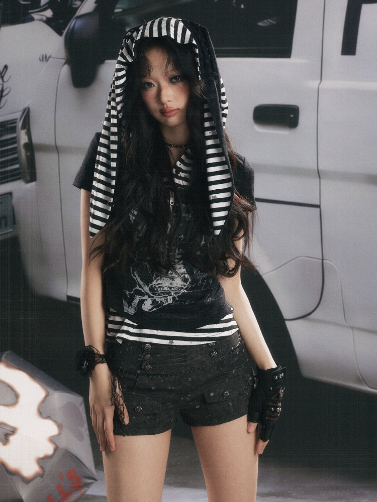 Stripe Patchwork Faux Layered Hooded T-Shirt【s0000017063】