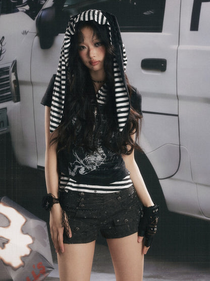 Stripe Patchwork Faux Layered Hooded T-Shirt【s0000017063】